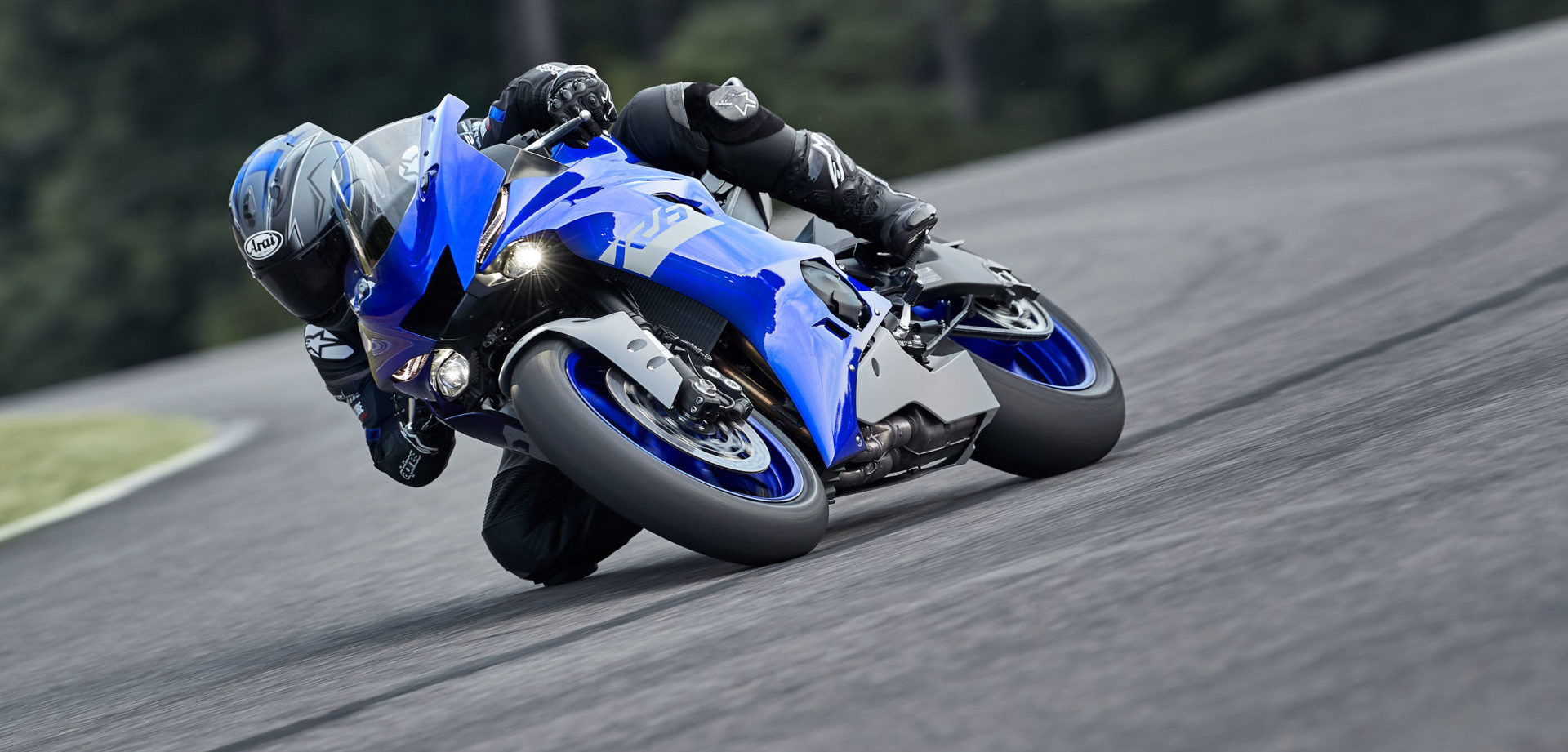 A 2020 Yamaha YZF-R6 streetbike at speed on a racetrack. Photo courtesy Yamaha Motor Corp., U.S.A.