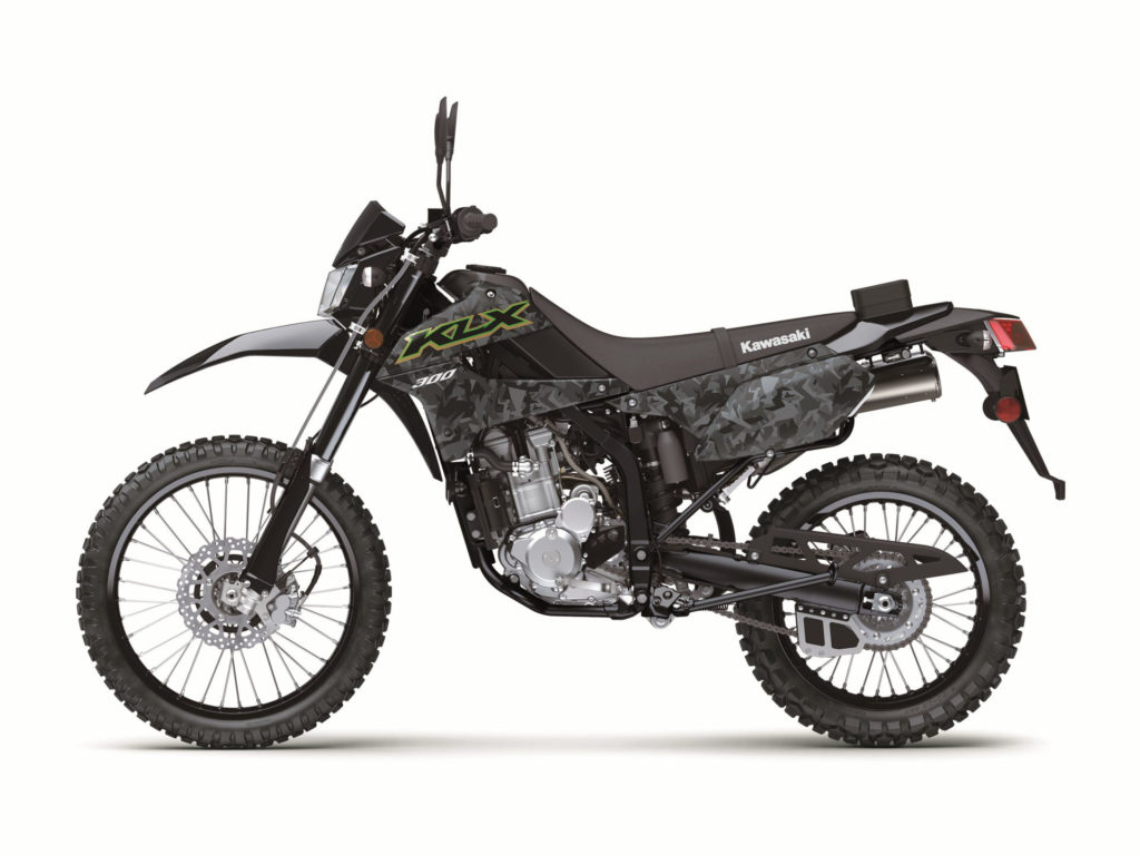 A 2021 Kawasaki KLX300 in Fragment Camo Gray. Photo courtesy Kawasaki Motors Corp., U.S.A.