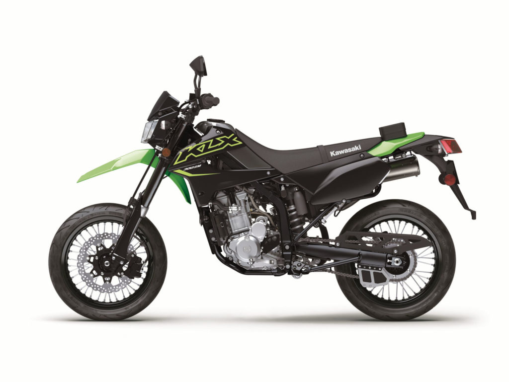 Kawasaki's new 2021-model KLX300SM at rest. Photo courtesy Kawasaki Motors Corp., U.S.A.