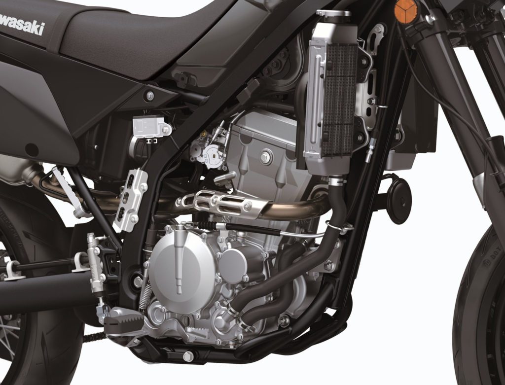 The liquid-cooled, fuel-injected, DOHC, 292cc single-cylinder engine of Kawasaki's new 2021-model KLX300SM. Photo courtesy Kawasaki Motors Corp., U.S.A.