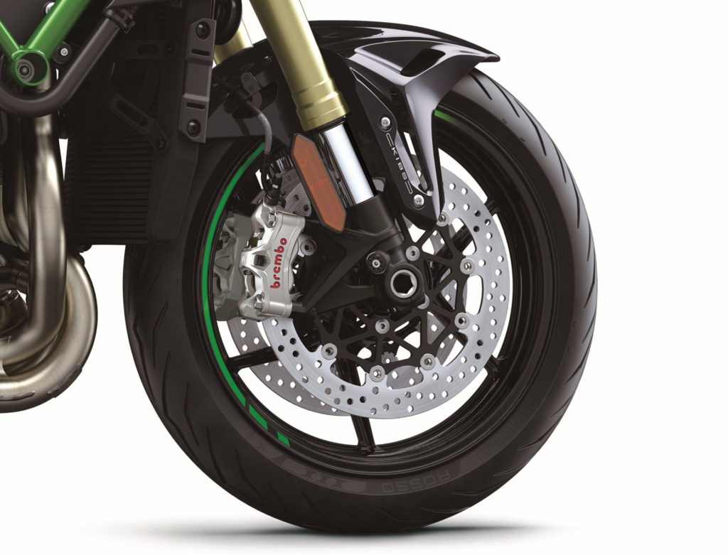 The 2021-model Kawasaki Z H2 SE comes with new Brembo braking components, including new Stylema monoblock front brake calipers. Photo courtesy Kawasaki Motors Corp., U.S.A.