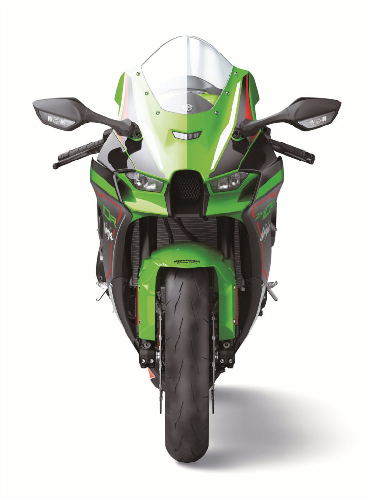 A head-on view of a 2021-model Kawasaki ZX-10R shows its new front fairing with integrated aerodynamic winglets. Photo courtesy Kawasaki Motors Corp., U.S.A.