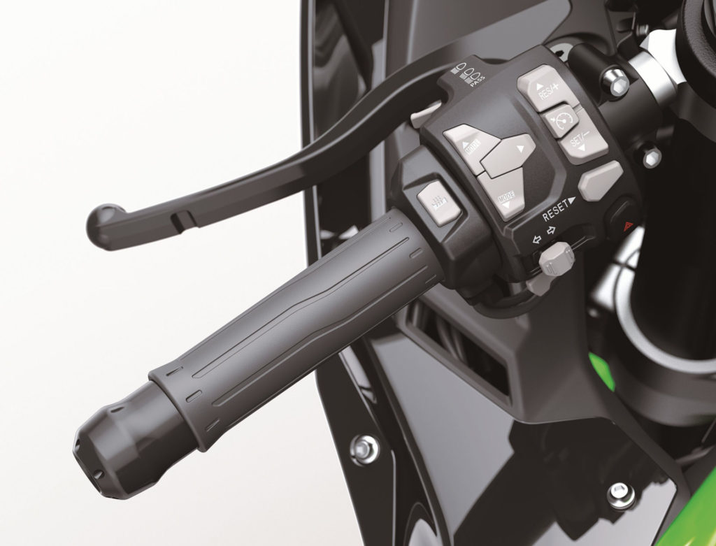 Electronic Cruise Control is standard and heated grips are an optional accessory on the 2021 Kawasaki ZX-10R. Photo courtesy Kawasaki Motors Corp., U.S.A.