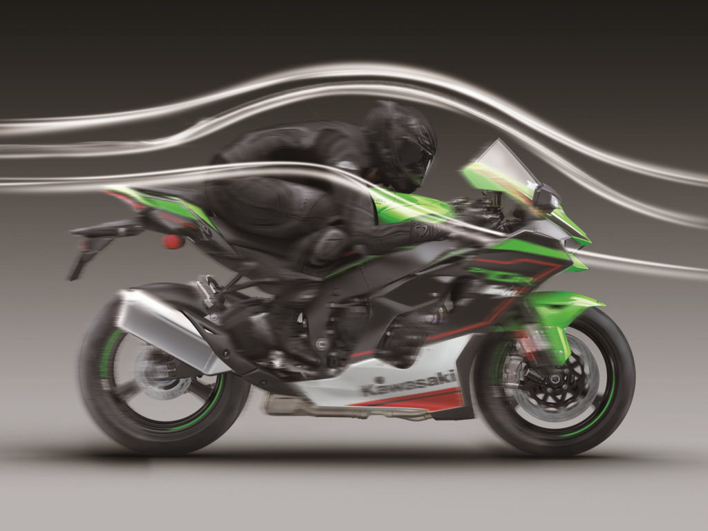 An illustration showing the aerodynamics of a 2021-model Kawasaki ZX-10R KRT Edition. Photo courtesy Kawasaki Motors Corp., U.S.A.