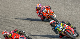Jeff Williams (7) leads Michael Leon (74) and Samuel Guerin (82) at Calabogie Motorsports Park during the Pro 6 Cycle co-organized CSBK National in 2020. Photo by Damian Pereira, courtesy CSBK.