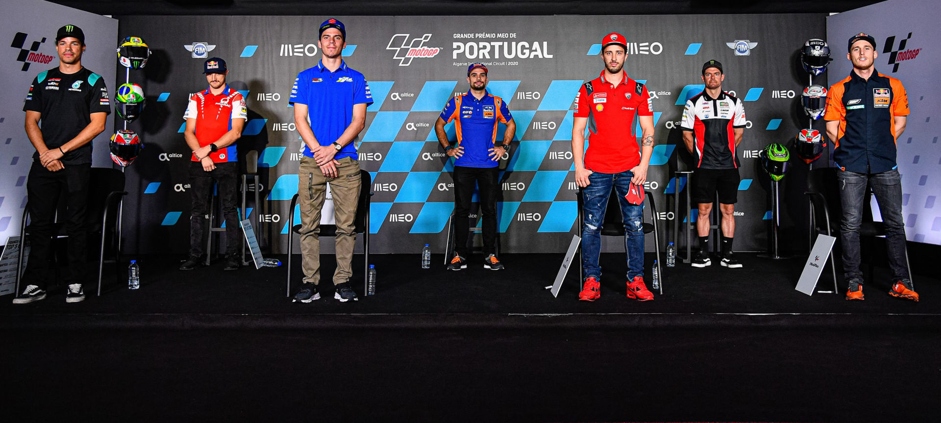 MotoGP riders (from left) Franco Morbidelli, Jack Miller, Joan Mir, Miguel Oliveira, Andrea Dovizioso, Cal Crutchlow, and Pol Espargaro at the pre-event press conference in Portugal. Photo courtesy Dorna.