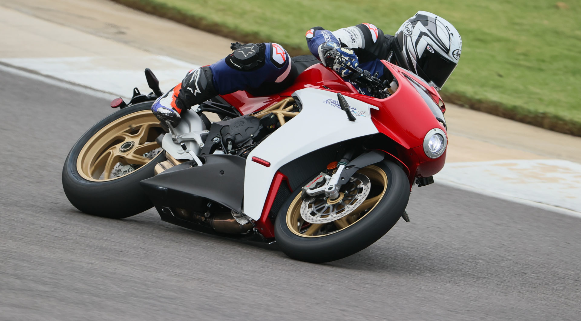 Roadracing World Racing Editor Chris Ulrich test riding a 2021 MV Agusta Superveloce 800 at Barber Motorsports Park. Photo by Brian J. Nelson.