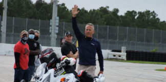 ChampSchool CEO Nick Ienatsch (standing with hand raised) during a Yamaha Champions Riding School. Photo courtesy Yamaha Champions Riding School.