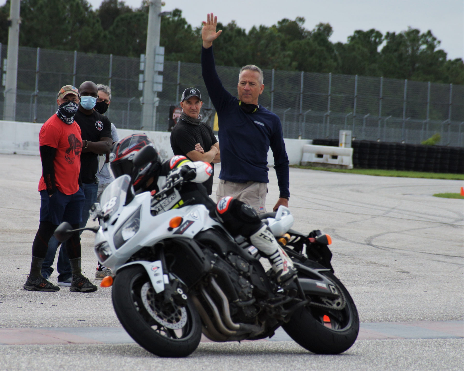 ChampSchool CEO Nick Ienatsch (standing with hand raised) during a Yamaha Champions Riding School. Photo courtesy Yamaha Champions Riding School.