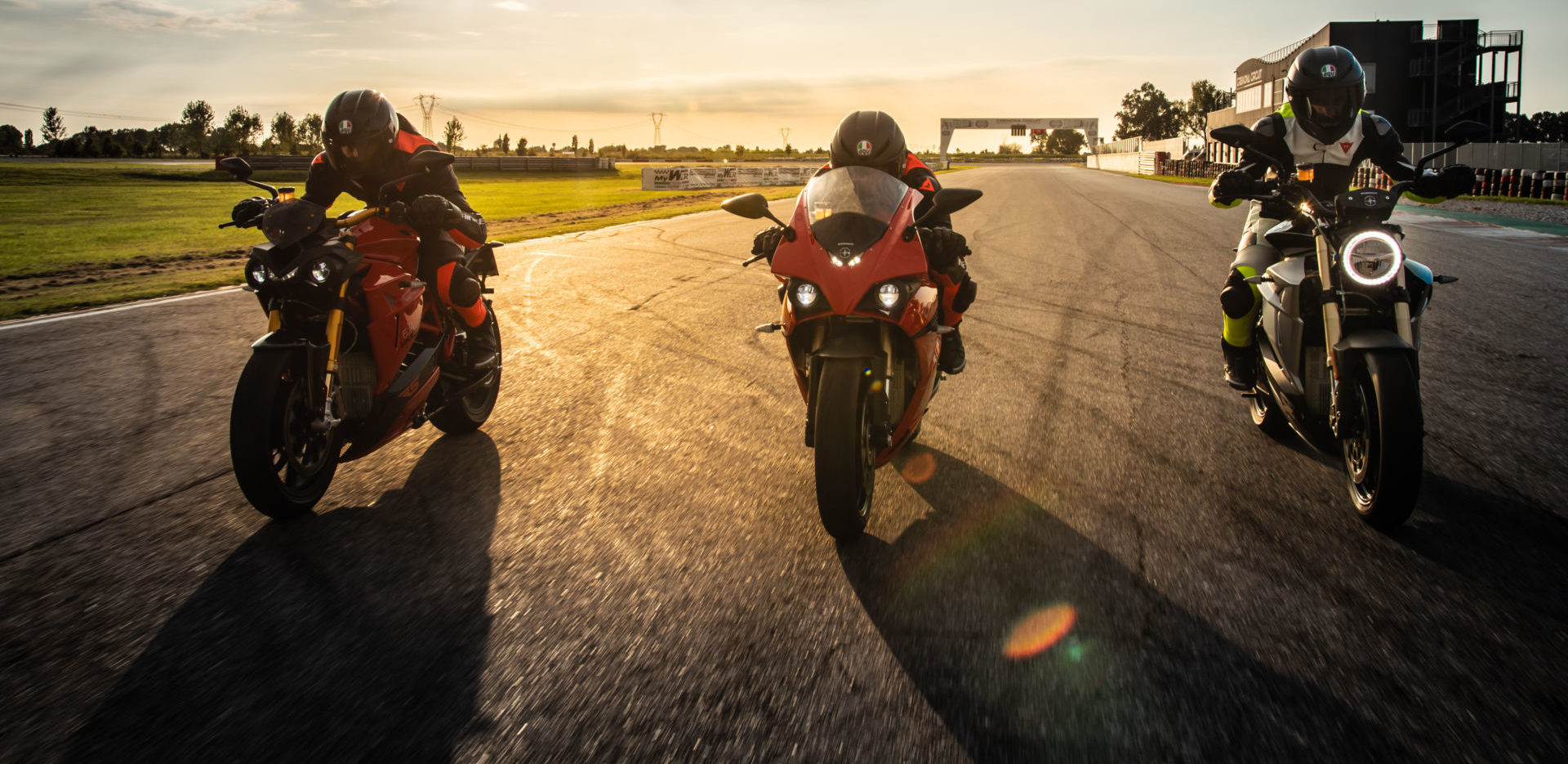 Energica's 2021 model lineup (from left): Eva Ribelle RS, Ego Corsa+ RS, and Eva EsseEsse9+ RS. Photo by Lorenzo Concari, courtesy Energica.