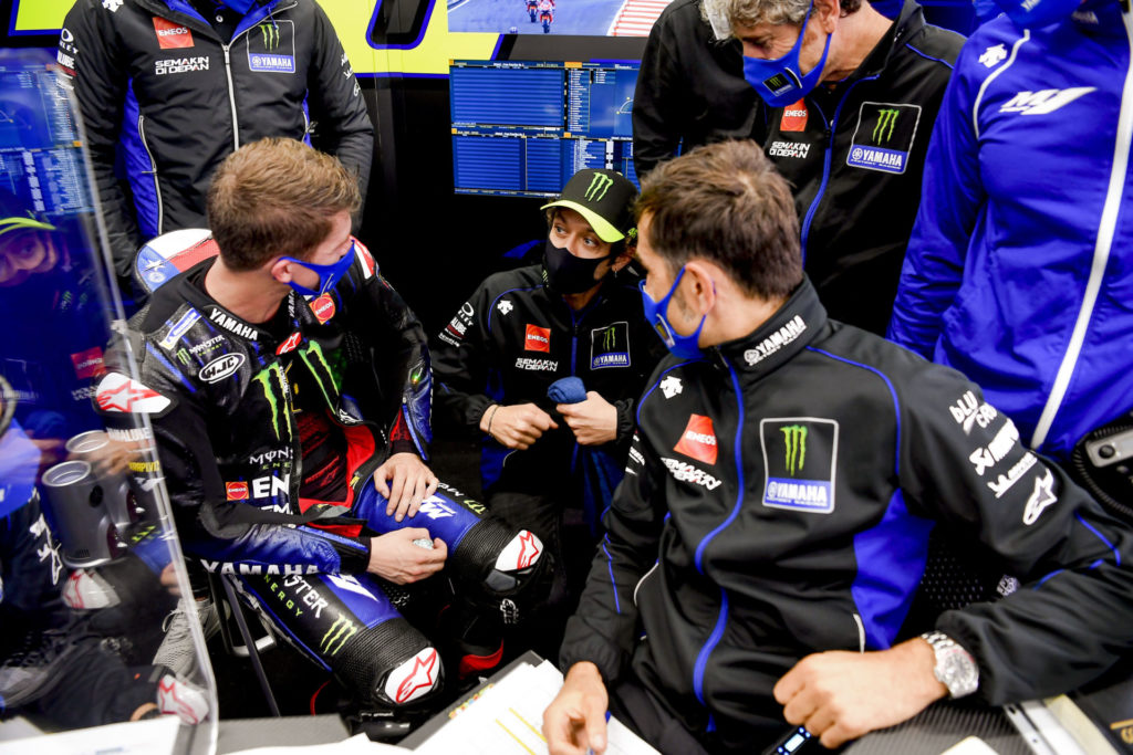 Garrett Gerloff (left) debriefing with Valentino Rossi (center). Photo courtesy Monster Energy Yamaha.