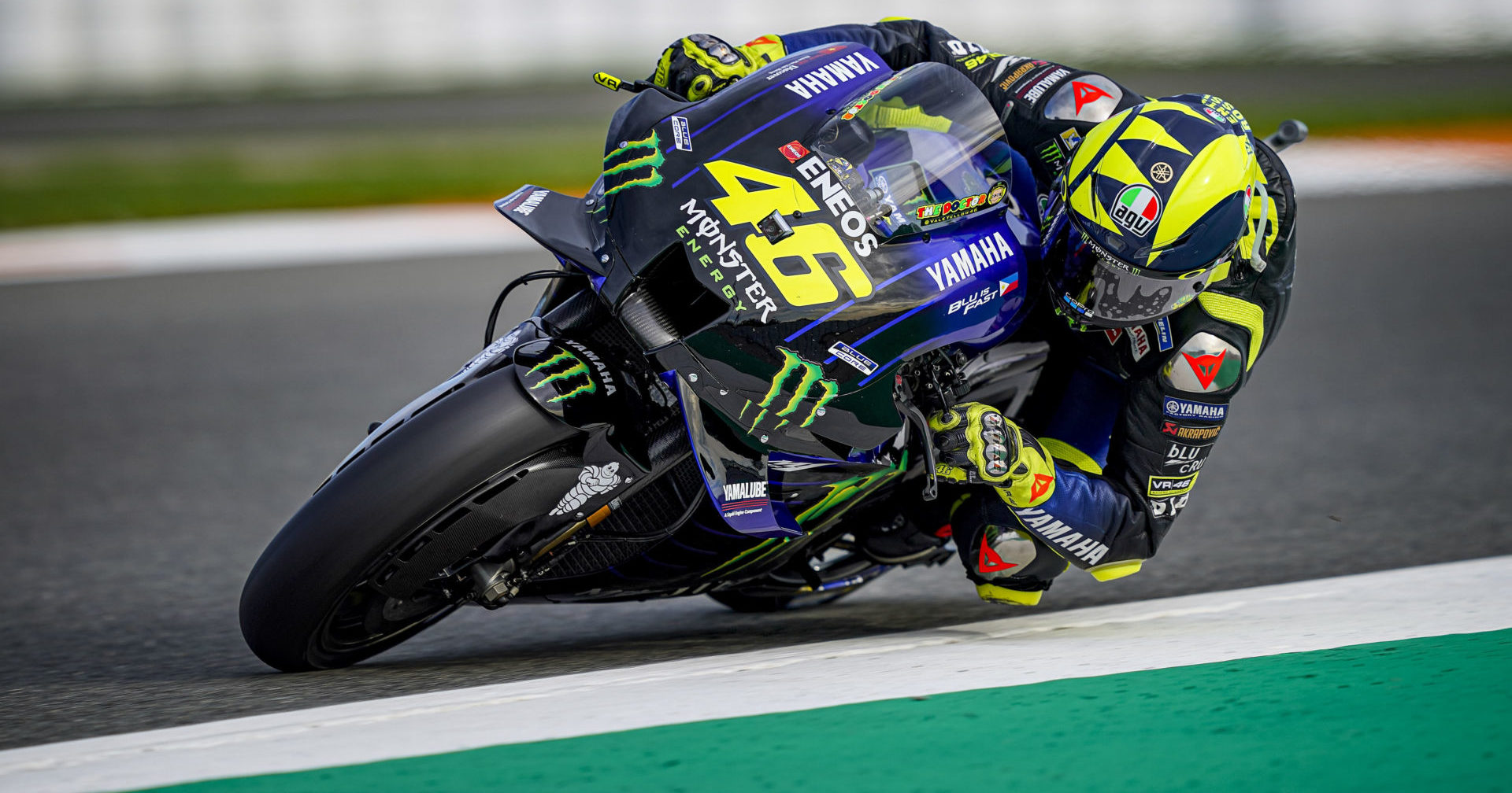 Valentino Rossi (46) at speed during the MotoGP race at Valencia #1. Photo courtesy Monster Energy Yamaha.