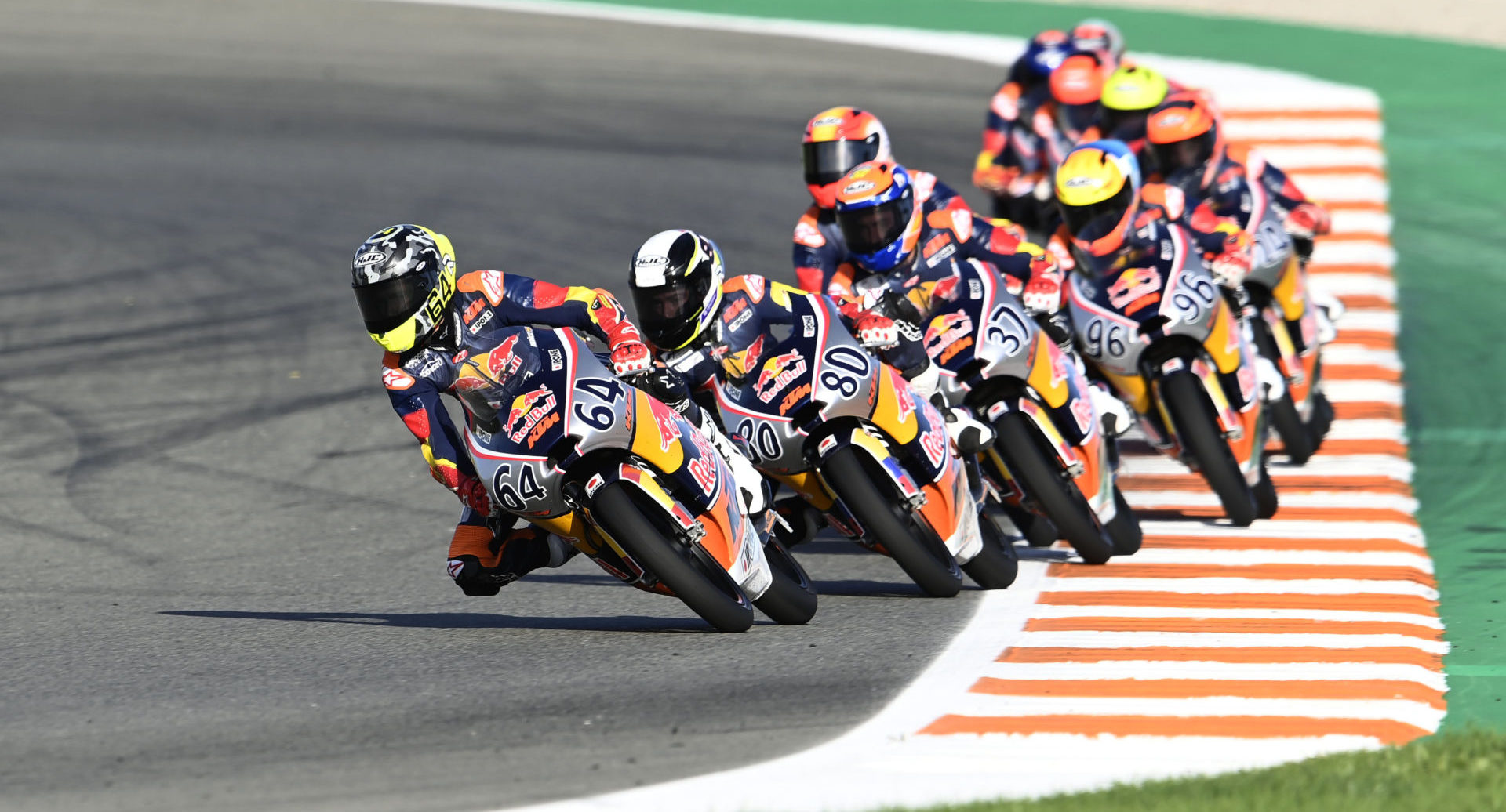 David Munoz (64) leads Red Bull MotoGP Rookies Cup Race Two at Valencia II. Photo courtesy Red Bull.