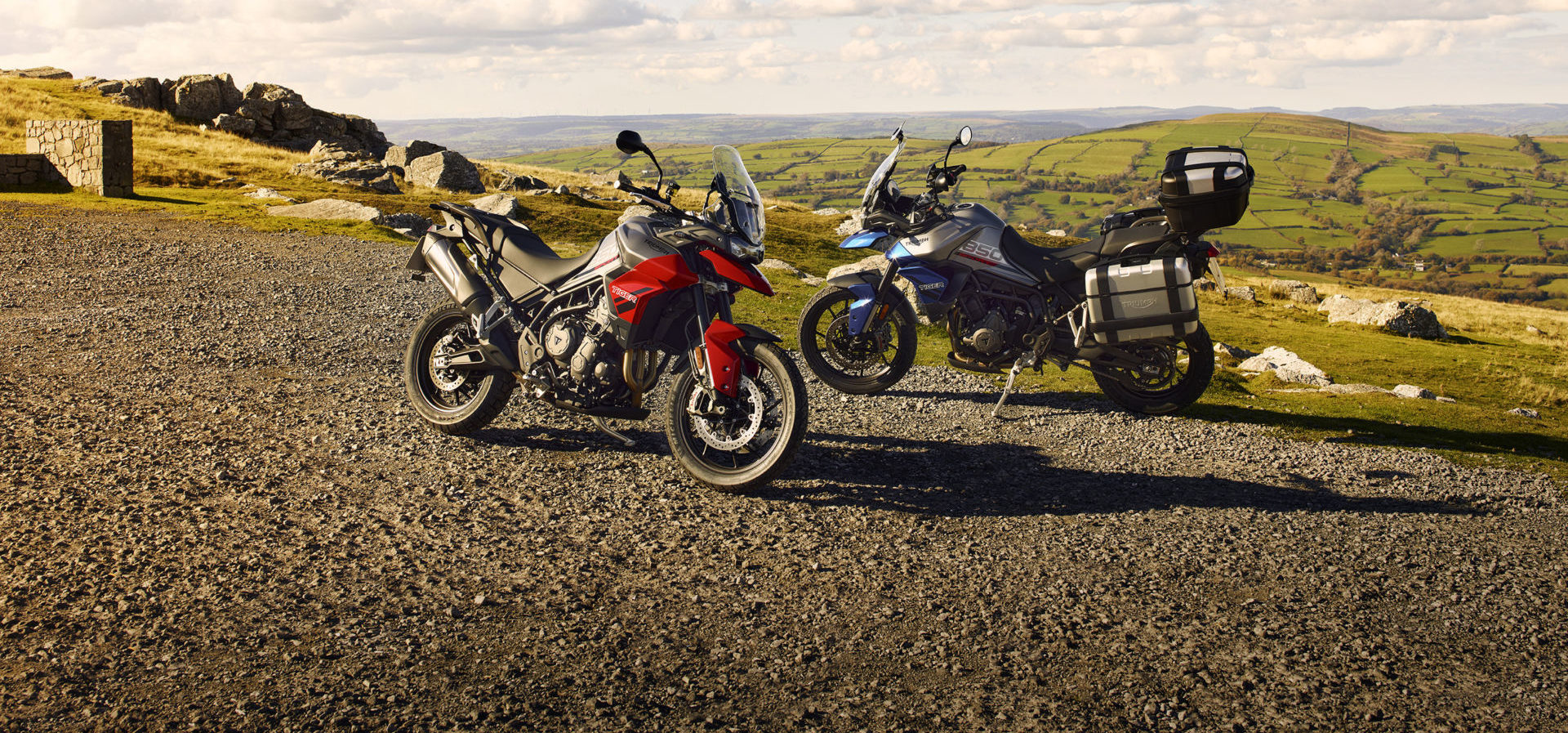 A 2021-model Triumph Tiger 850 Sport (left) and a 2021-model Triumph Tiger 850 Sport equipped with accessories (right). Photo courtesy Triumph North America.