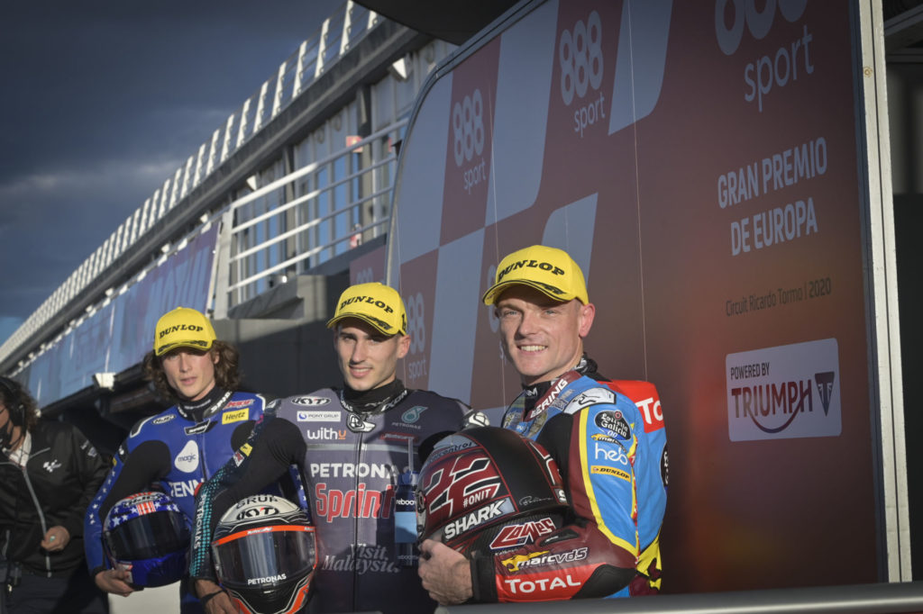 The Moto2 front-row qualifiers (from left): Joe Roberts, Xavi Vierge, and Sam Lowes. Photo courtesy Dorna.