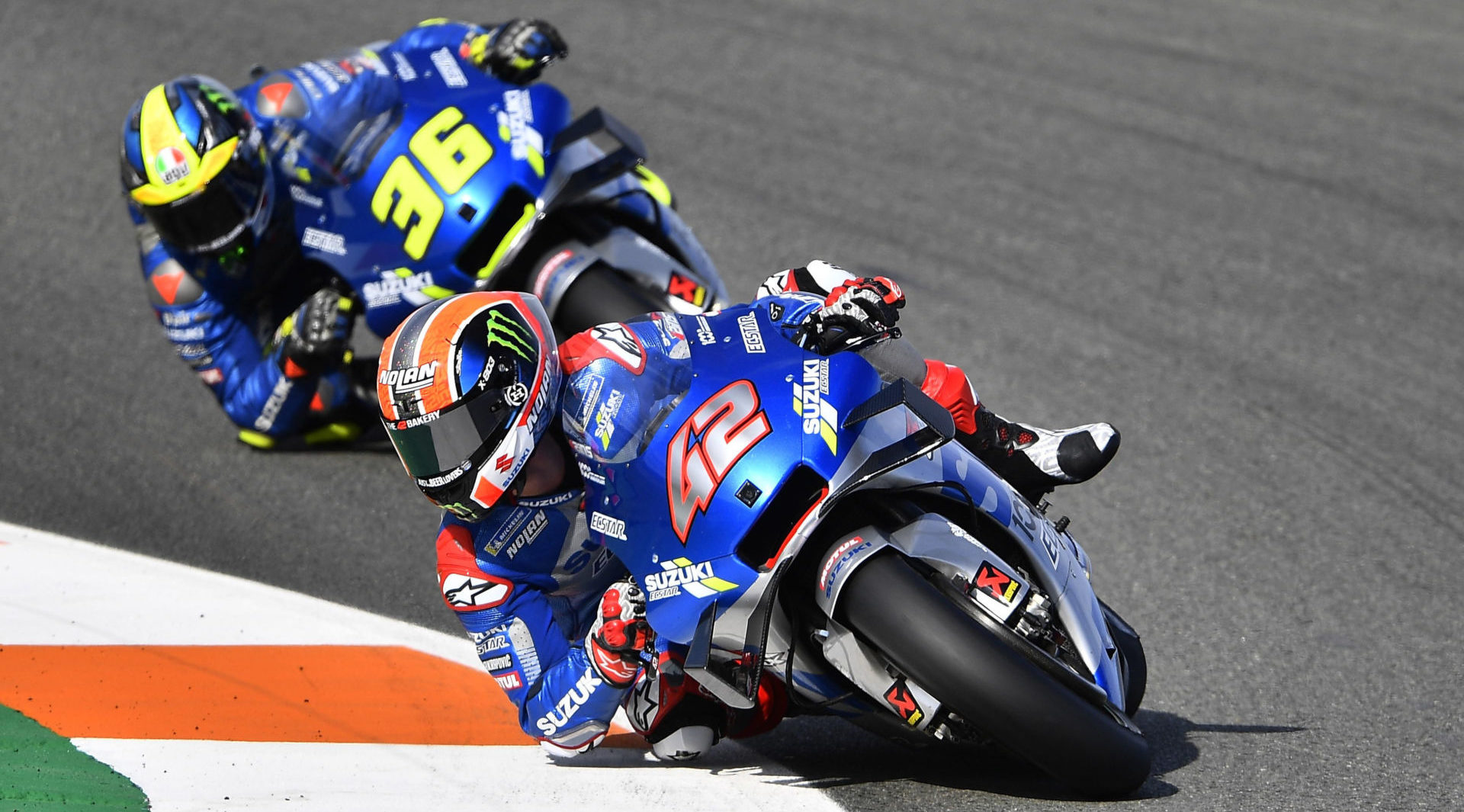 Team Suzuki ECSTAR riders Alex Rins (42) and Joan Mir (36). Photo courtesy Team Suzuki ECSTAR.