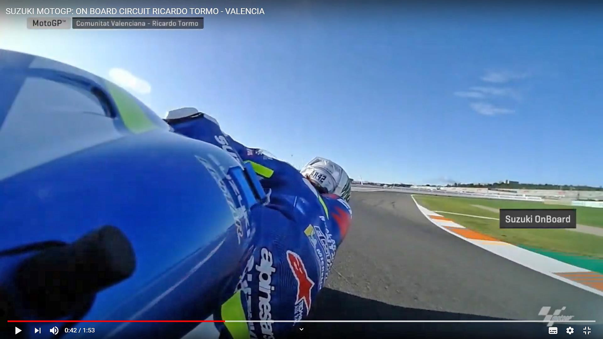 A screenshot from on-board video of a lap around the Ricardo Tormo Circuit in Valencia, Spain, with Team Suzuki ECSTAR's Alex Rins doing the riding and test rider Sylvain Guintoli doing the narrating. Image courtesy Team Suzuki ECSTAR.