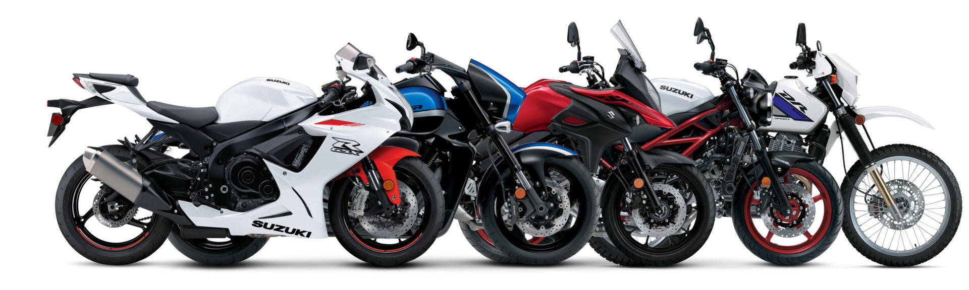 2021 Suzukis (from left): a GSX-R600, a Boulevard M109R B.O.S.S, a V-Strom 650, a SV650, and a DR650S. Photo courtesy Suzuki Motor of America, Inc.