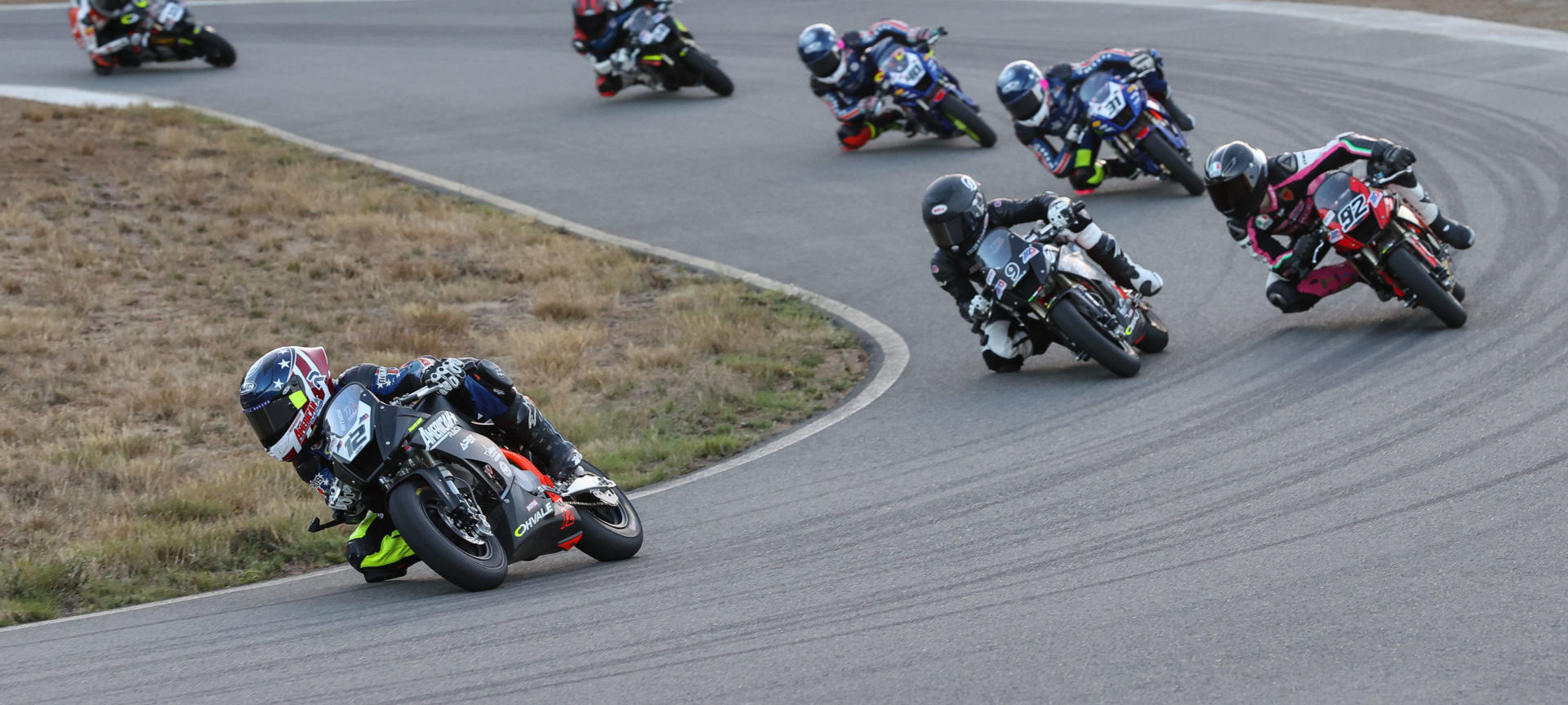 Mini Cup racers Travis Horn (12), Jesse James Shedden (9), Rossi Moor (92), Kayla Yaakov (31), and Julian Correa (40) in action at Ridge Motorsports Park in 2020. Photo by Brian J. Nelson.
