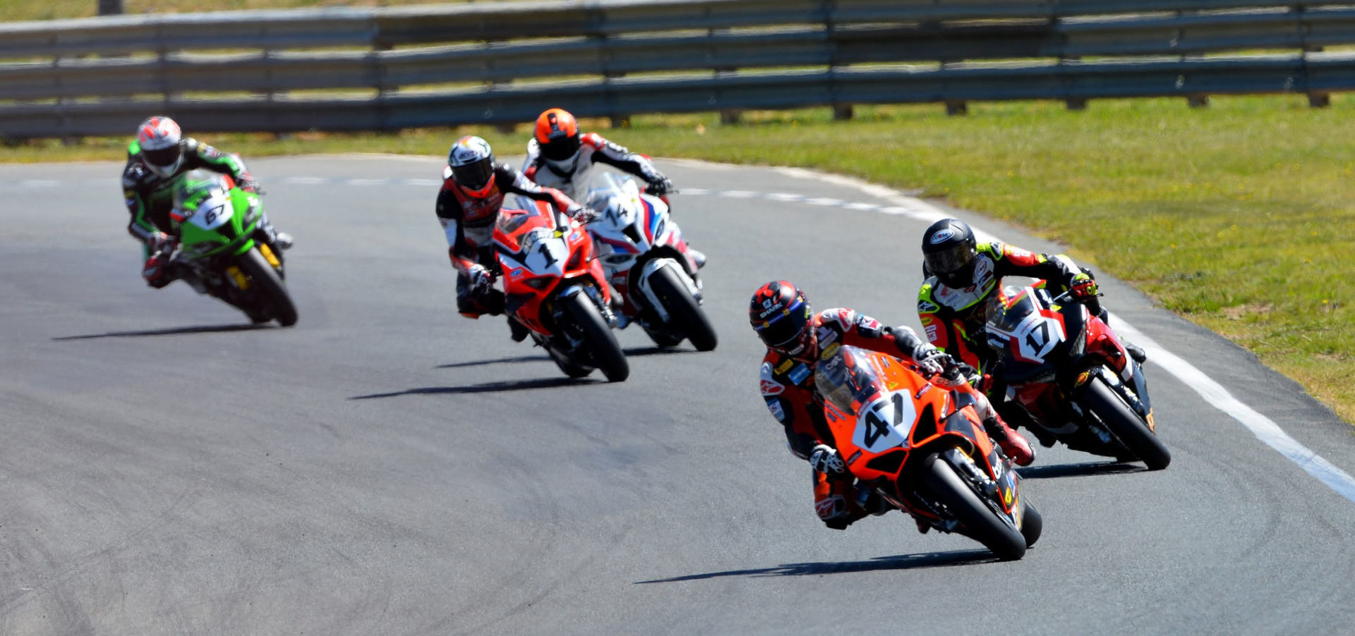 Wayne Maxwell (47) leads Troy Herfoss (17), Mike Jones (1), Glenn Allerton (14), and Bryan Staring (67) at Wakefield Park. Photo by Russell Colvin, courtesy Motorcycling Australia.