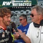 Daytona International Speedway public address announcer and former racer Richard Chambers (right) interviewing former Latin America Superbike Champion and current Sporting Director for the Italtrans Racing Moto2 World Championship team Robertino Pietri (left) at Daytona International Speedway in 2016. Photo by David Swarts.