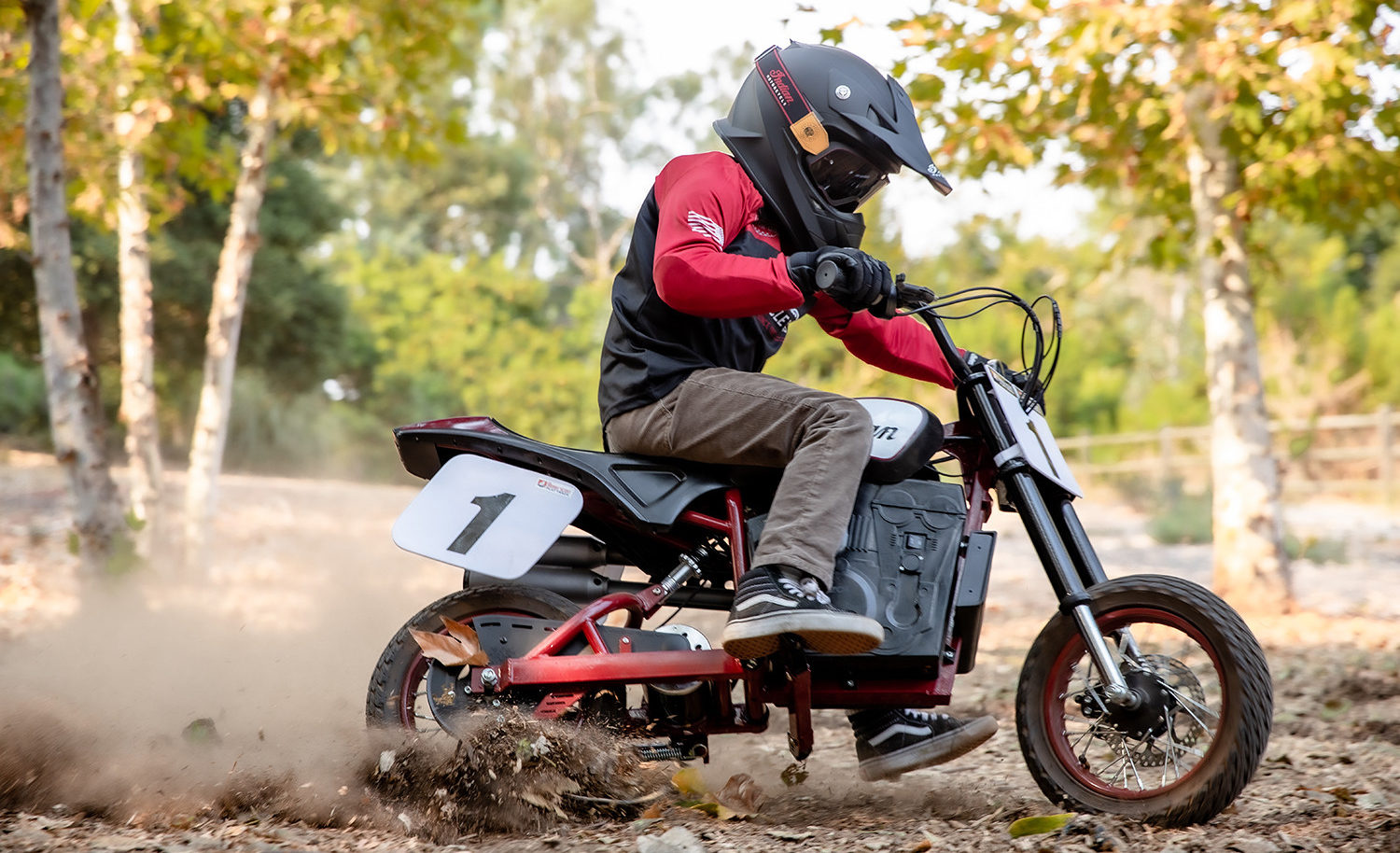 A child riding an Indian eFTR Jr. electric mini bike. Photo courtesy Indian Motorcycles.