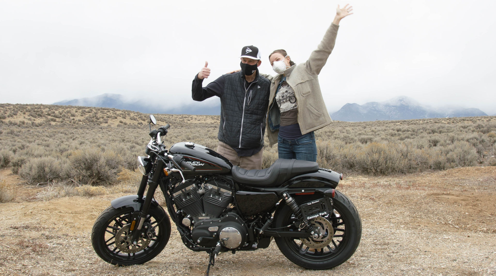 Mike Buckley, Senior VP, Sales and Marketing, Dunlop Motorcycle Tires (left) with Physician Assistant Darwin Longfellow (right) and her new 2020 Harley-Davidson XL1200 Sportster Roadster. Photo courtesy Dunlop.