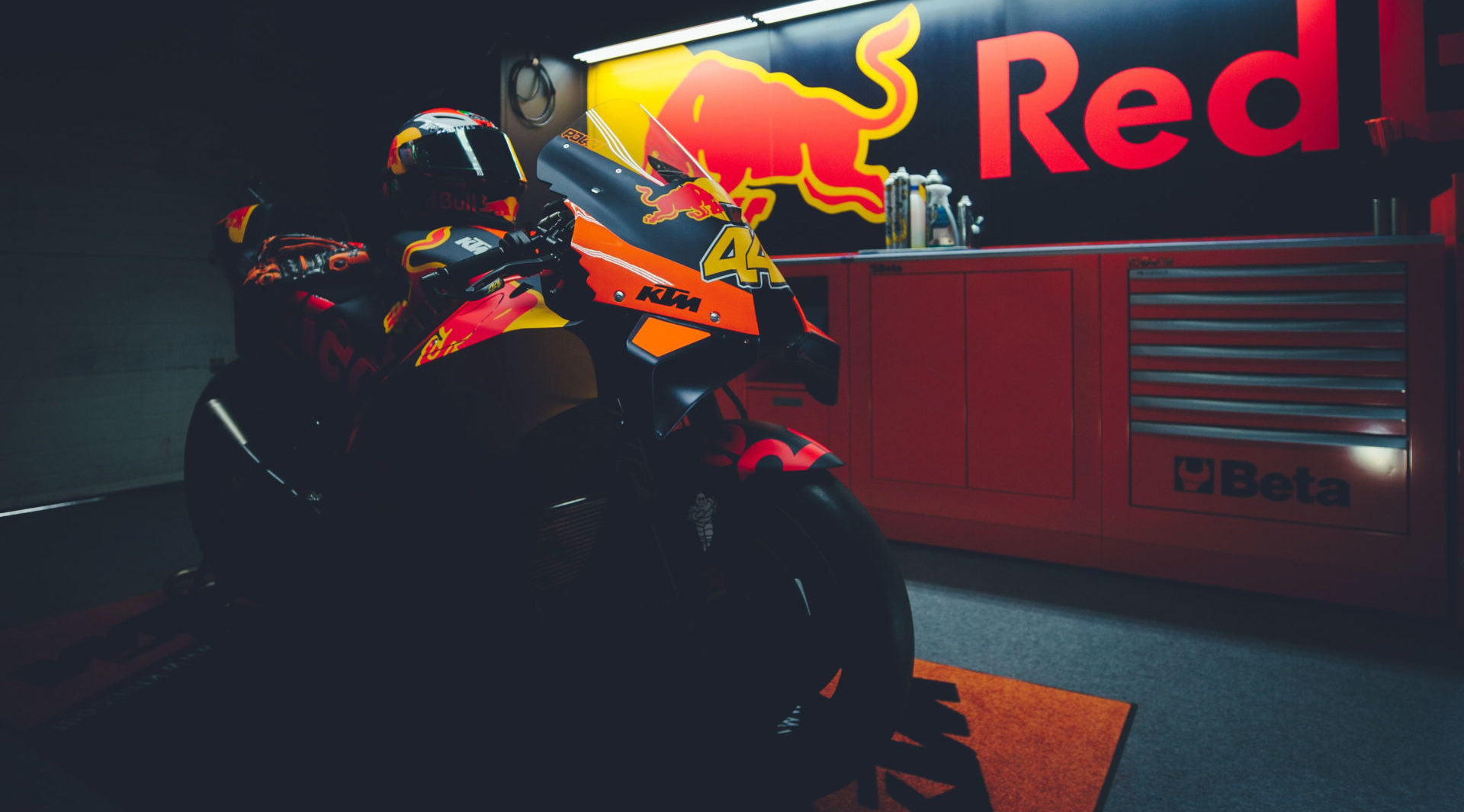 Pol Espargaro's Red Bull KTM RC16 MotoGP racebike at rest. Photo by Polarity Photo, courtesy KTM Factory Racing.