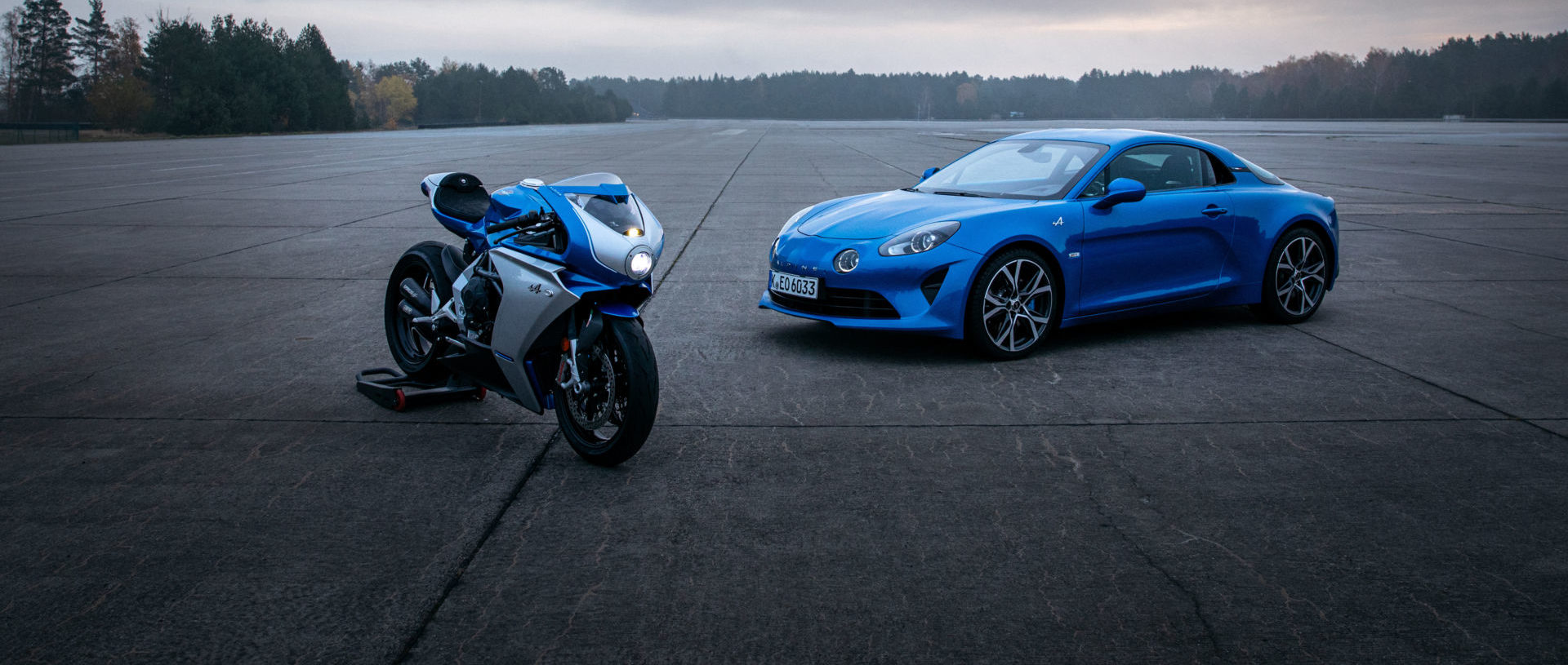 An MV Agusta Superveloce Alpine and an Alpine A110 sports car. Photo courtesy MV Agusta.