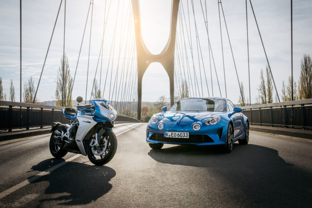 An MV Agusta Superveloce Alpine and an Alpine A110 sports car. Photo courtesy MV Agusta.