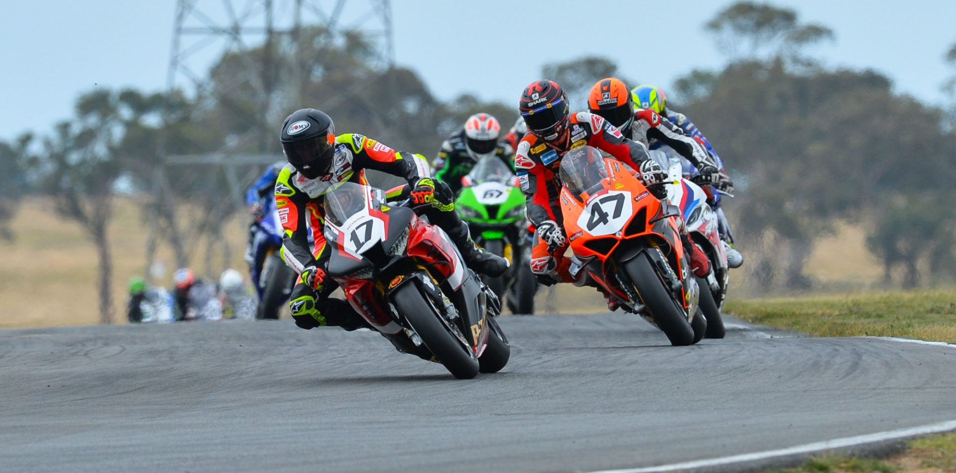 Troy Herfoss (17) leading Wayne Maxwell (47), Glenn Allerton, Cru Halliday, and Bryan Staring (67) at Wakefield Park. Photo courtesy Penrite Honda.