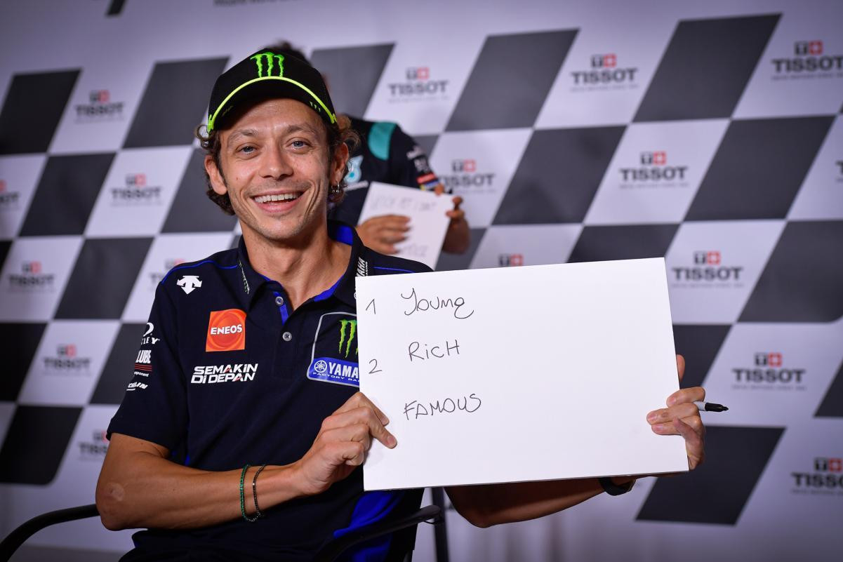 Valentino Rossi with a sign board used during a social media segment of a pre-event press conference in 2020. Photo courtesy Dorna.