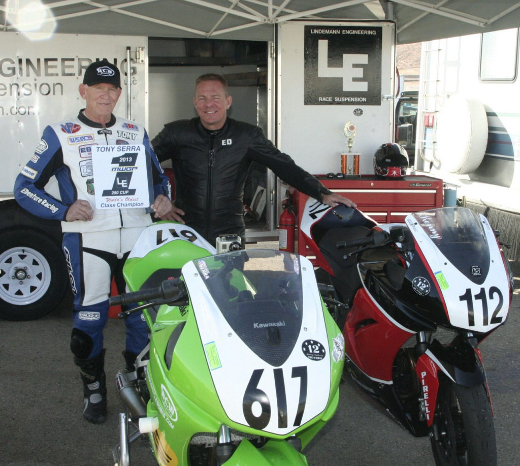 Tony Serra (left) and Lindemann Engineering's Ed Sorbo (right) in 2013, after Serra earned his first Expert class championship. Photo courtesy Lindemann Engineering.