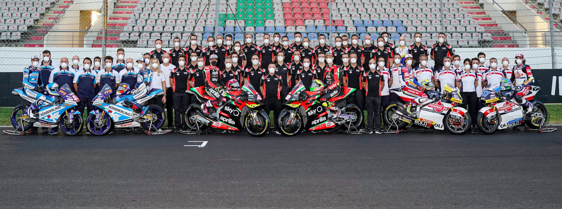 The 2020 Gresini Racing teams with the Aprilia Gresini MotoGP unit in the middle. Photo courtesy Gresini Racing.