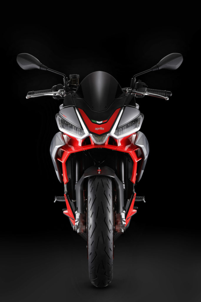 A head-on view of a 2021 Aprilia Tuono 660. Photo courtesy Aprilia.