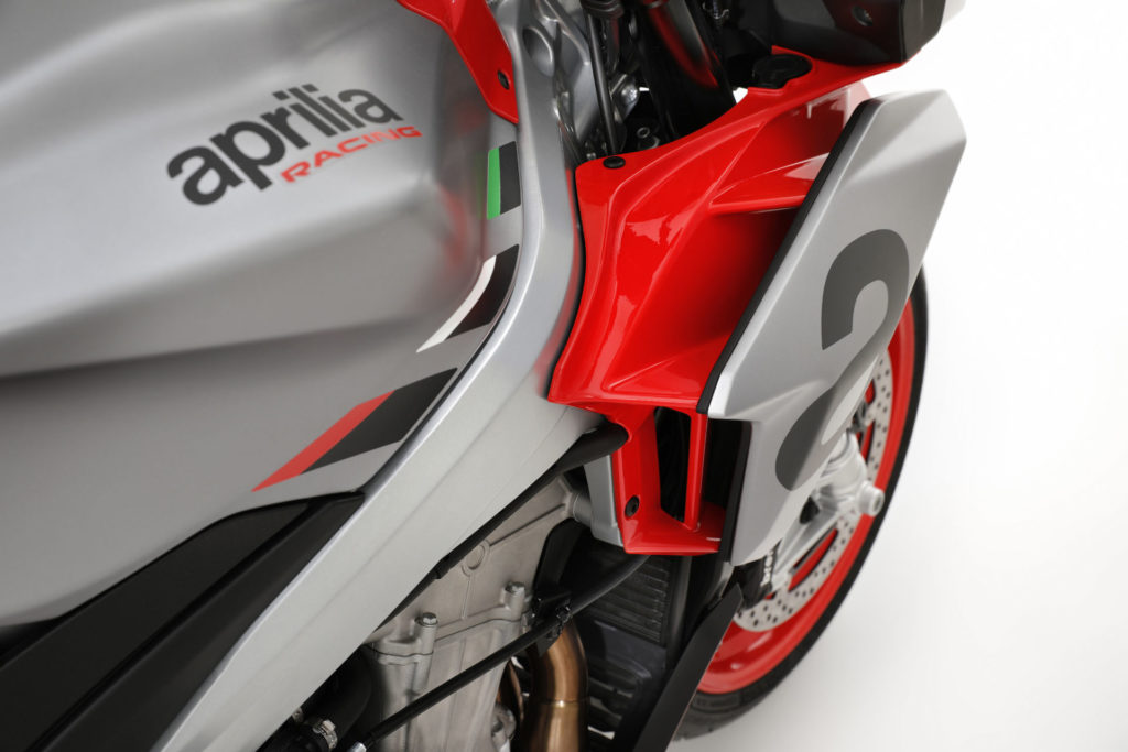 A close up of the "double fairing" aerodynamic concept on the Aprilia Tuono 660. Photo courtesy Aprilia.