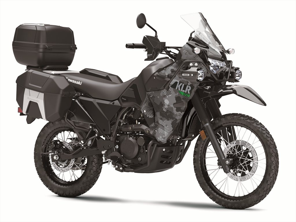 A 2022 Kawasaki KLR650 Traveler comes fitted with accessories like hard luggage. Photo courtesy Kawasaki.