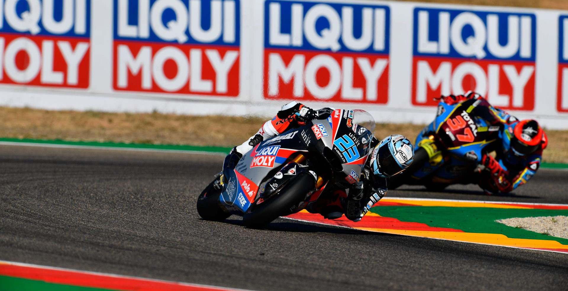 Liqui Moly-sponsored Marcel Schrotter (23) and Estrella Galicia 0,0 Marc VDS rider Augusto Fernandez (37) during the 2020 season. Photo courtesy Dorna.