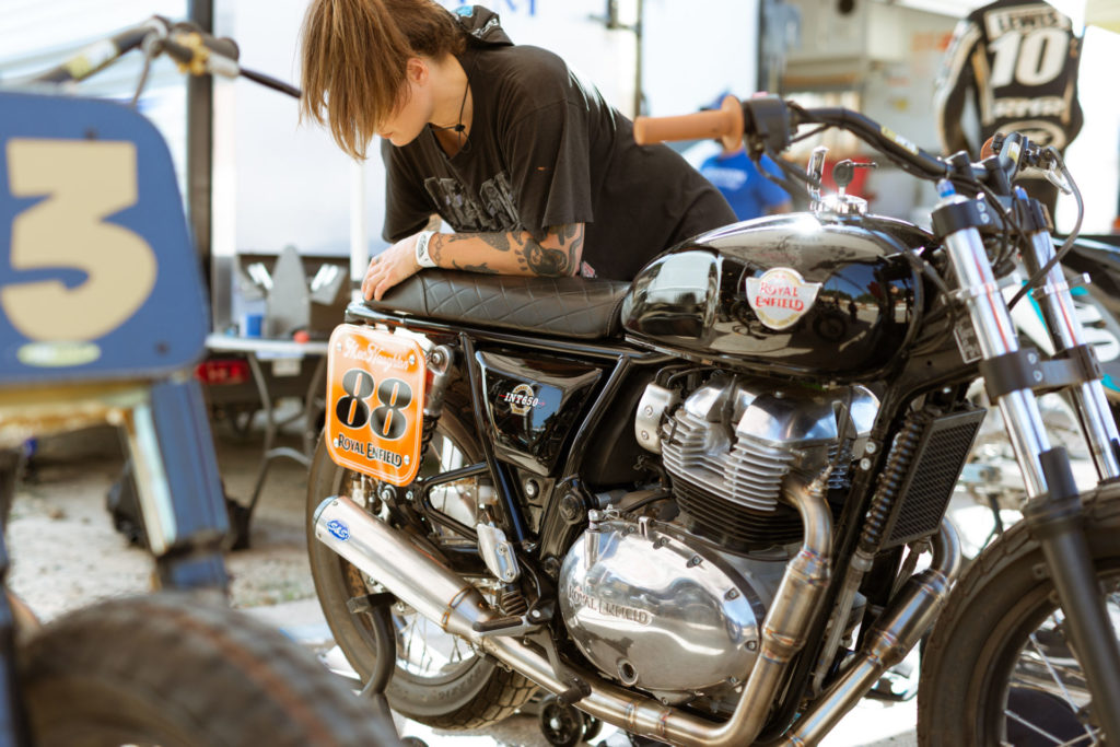 An S&S Cycle exhaust system fitted to a Royal Enfield INT 650 flat track bike. Photo courtesy Royal Enfield.