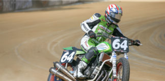 Danny Eslick (64) on a Kawasaki-powered flat tracker at the Indy Mile in 2020. Photo by Scott Hunter, courtesy AFT.