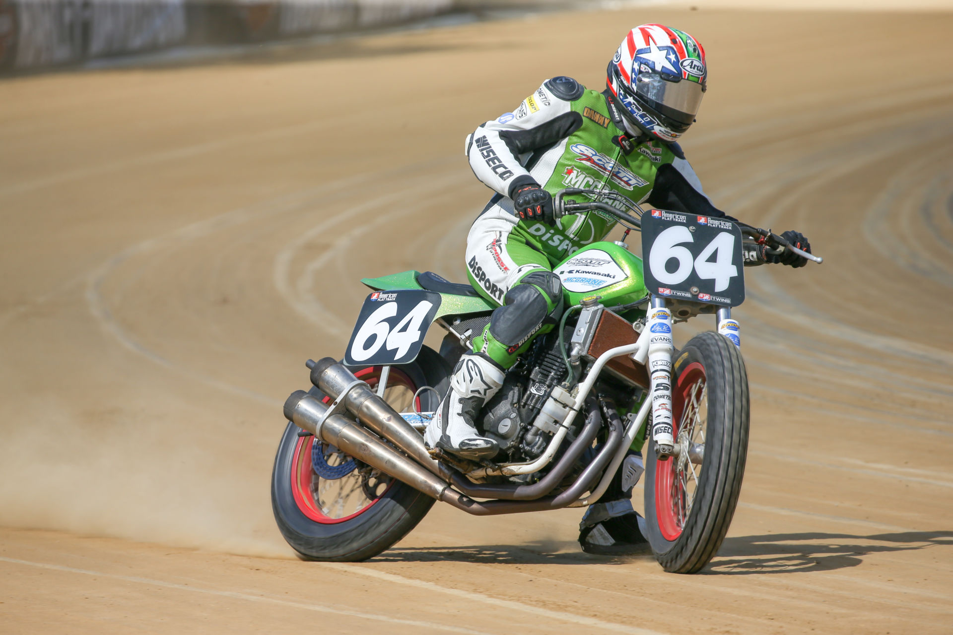 Danny Eslick (64) on a Kawasaki-powered flat tracker at the Indy Mile in 2020. Photo by Scott Hunter, courtesy AFT.