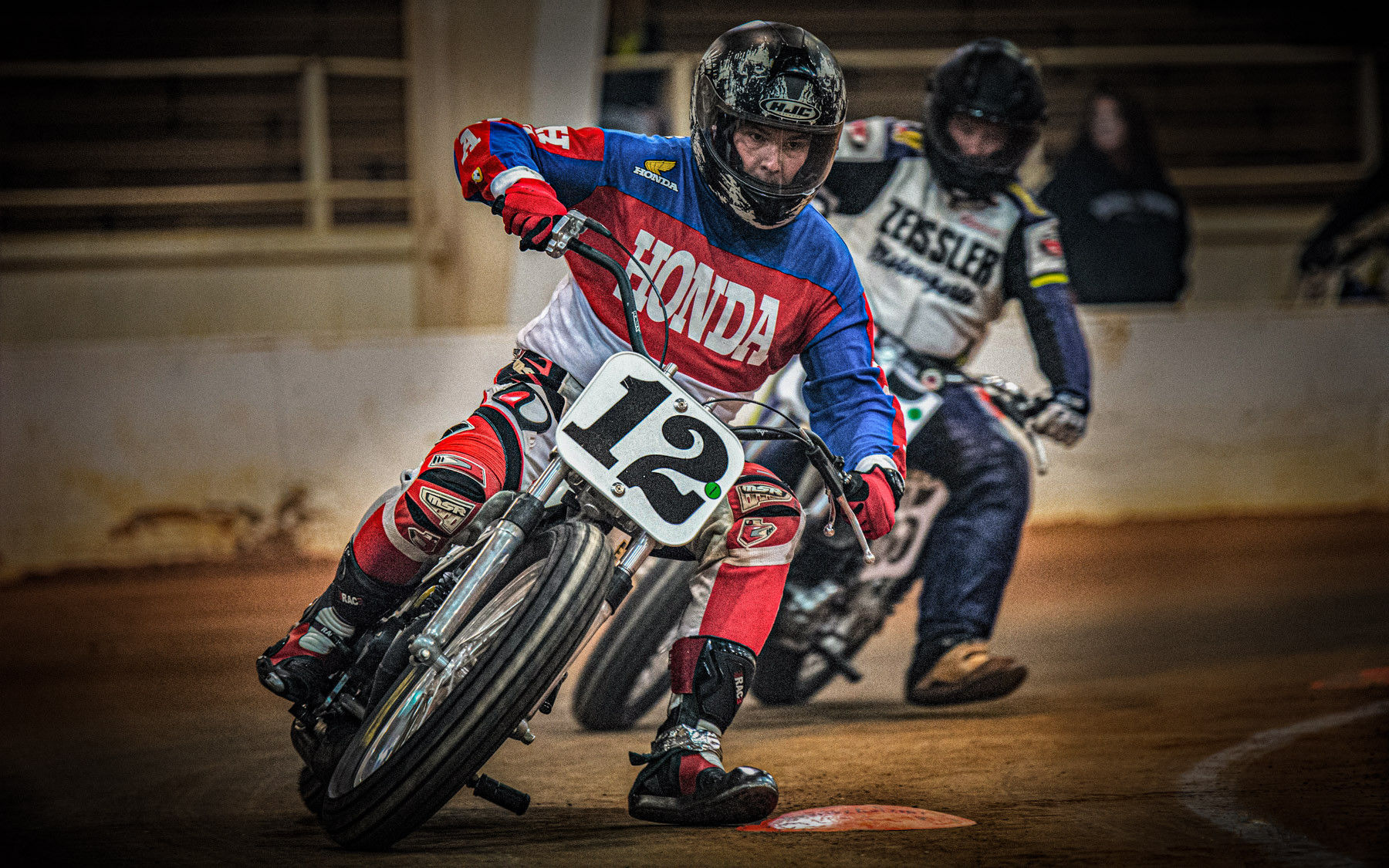 AHRMA dirt track racer Joey Raborn (12). Photo by Larry Mayo, courtesy AHRMA.