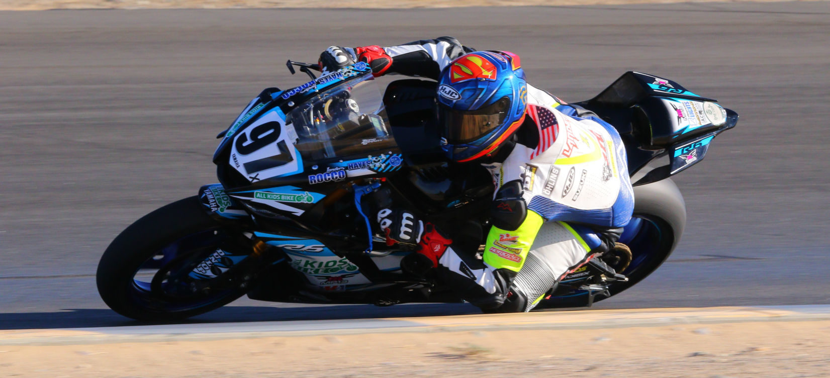 Rocco Landers (97) at speed on the MP13 Racing Yamaha YZF-R6 during a CVMA race at Chuckwalla Valley Raceway. Photo by CaliPhotography, courtesy Landers Racing.