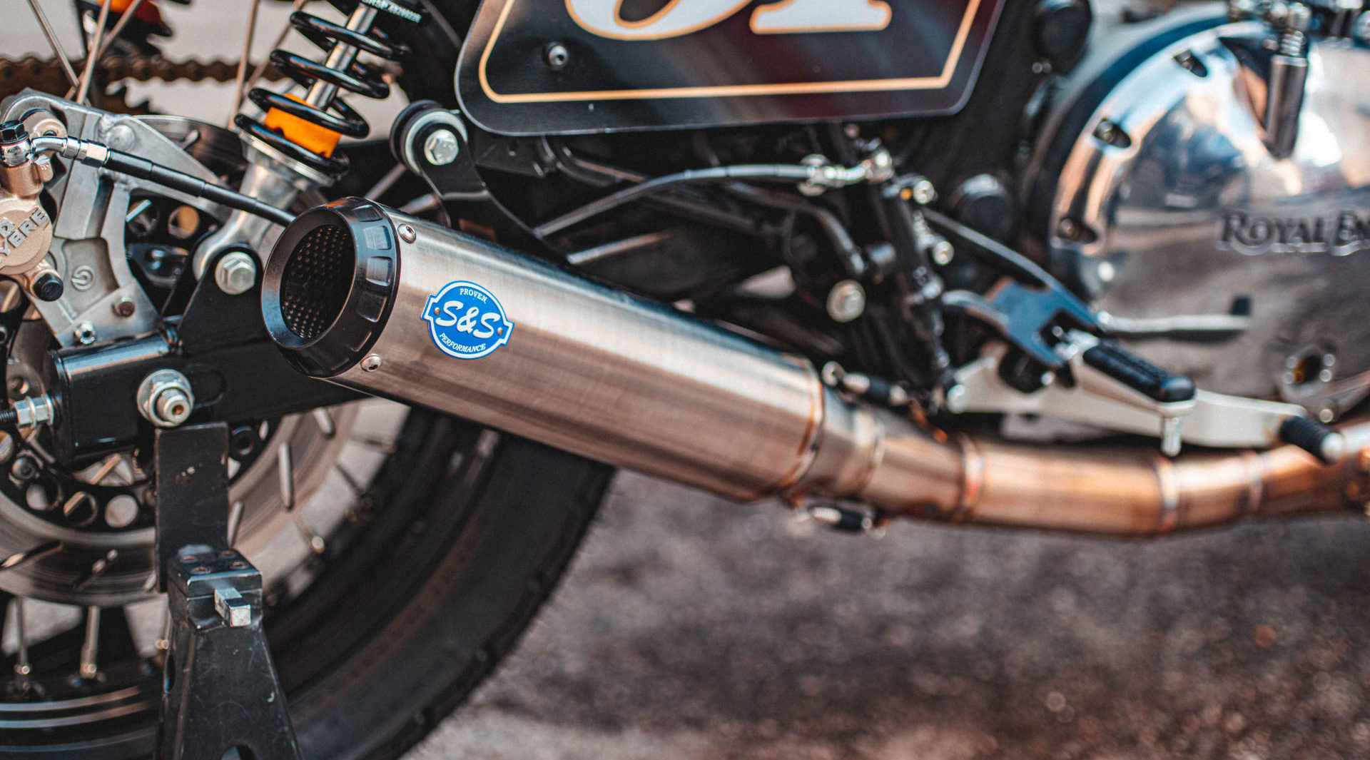 An S&S exhaust system on a Royal Enfield racebike. Photo courtesy Royal Enfield North America.