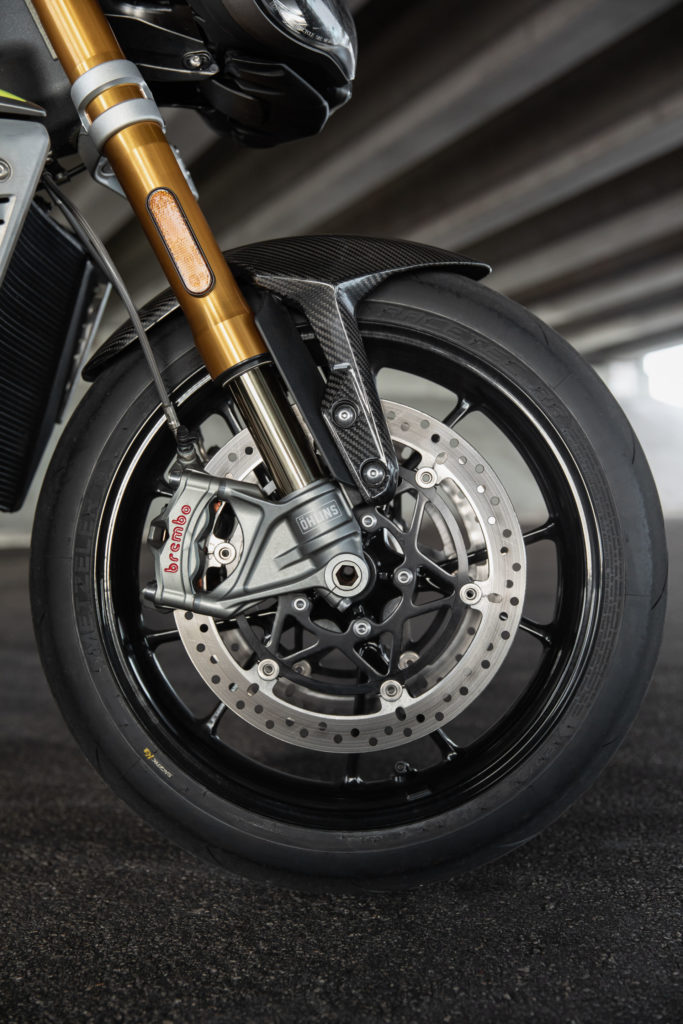 Öhlins NIX30 forks and Brembo Stylema front brake calipers come standard on the new Triumph Speed Triple 1200 RS. Photo courtesy Triumph.