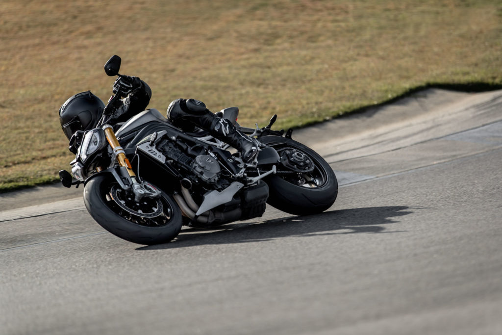 A test rider demonstrating the 2021 Triumph Speed Triple 1200 RS's new handling capabilities. Photo courtesy Triumph.