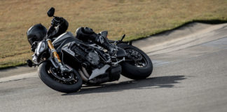 A test rider demonstrating the 2021 Triumph Speed Triple 1200 RS's new handling capabilities. Photo courtesy Triumph.