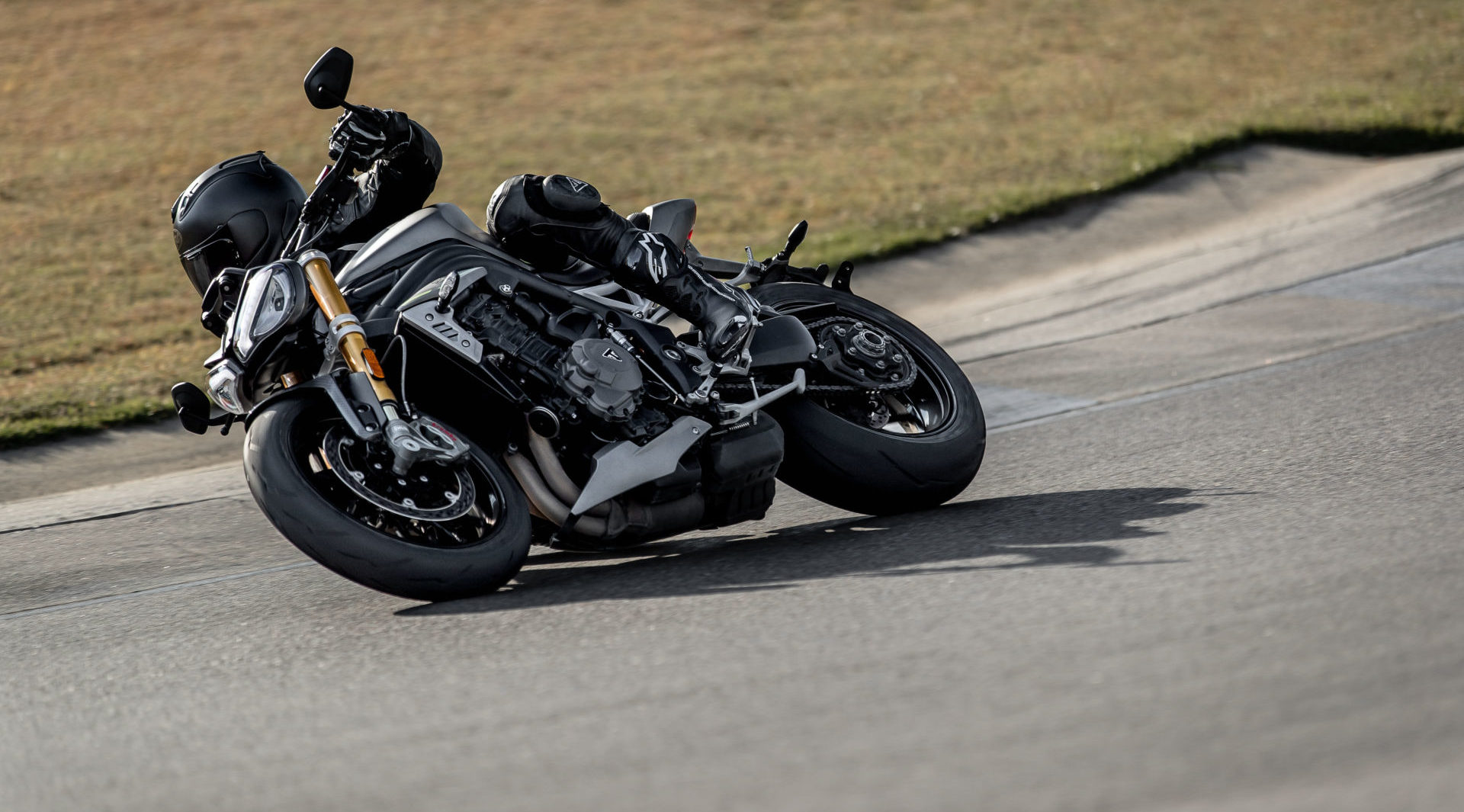 A test rider demonstrating the 2021 Triumph Speed Triple 1200 RS's new handling capabilities. Photo courtesy Triumph.