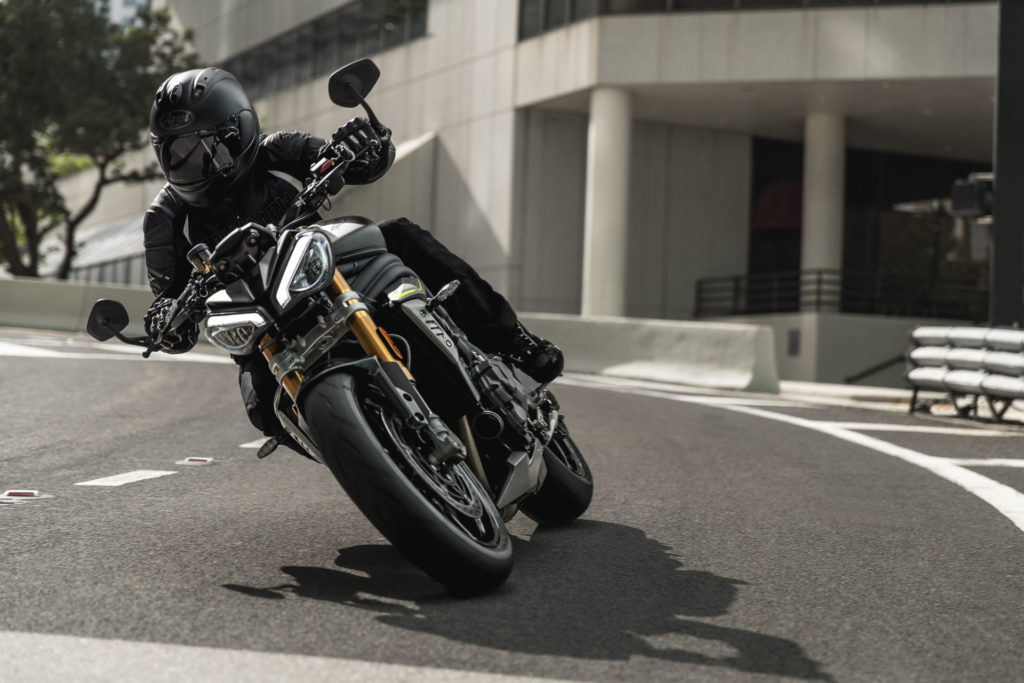 A 2021 Triumph Speed Triple 1200 RS at speed on the streets of Miami. Photo courtesy Triumph.