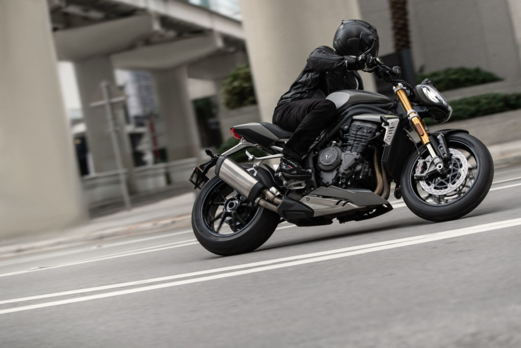 A 2021 Triumph Speed Triple 1200 RS at speed on the streets of Miami. Photo courtesy Triumph.